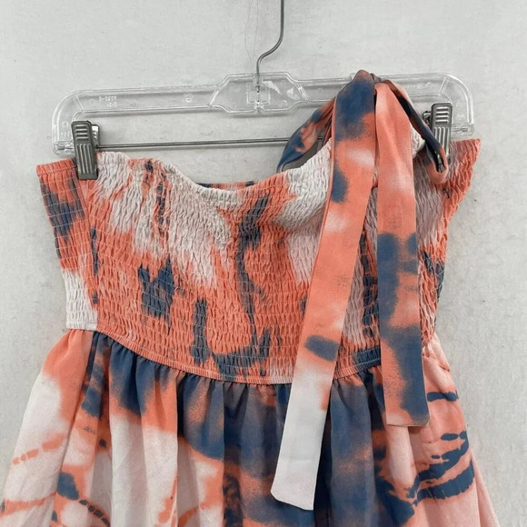 Shein Dress Women's Sz 4 Orange Tie Dye One Shoulder Layered Hem Maxi Smocked - Picture 6 of 10